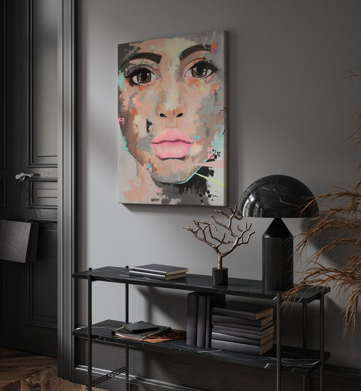 Believe By Rikke Londager Boisen Pop Art Paintings in Gallery Wrap placed on a Grey Colored Wall above a Console Table in the Drawing Room