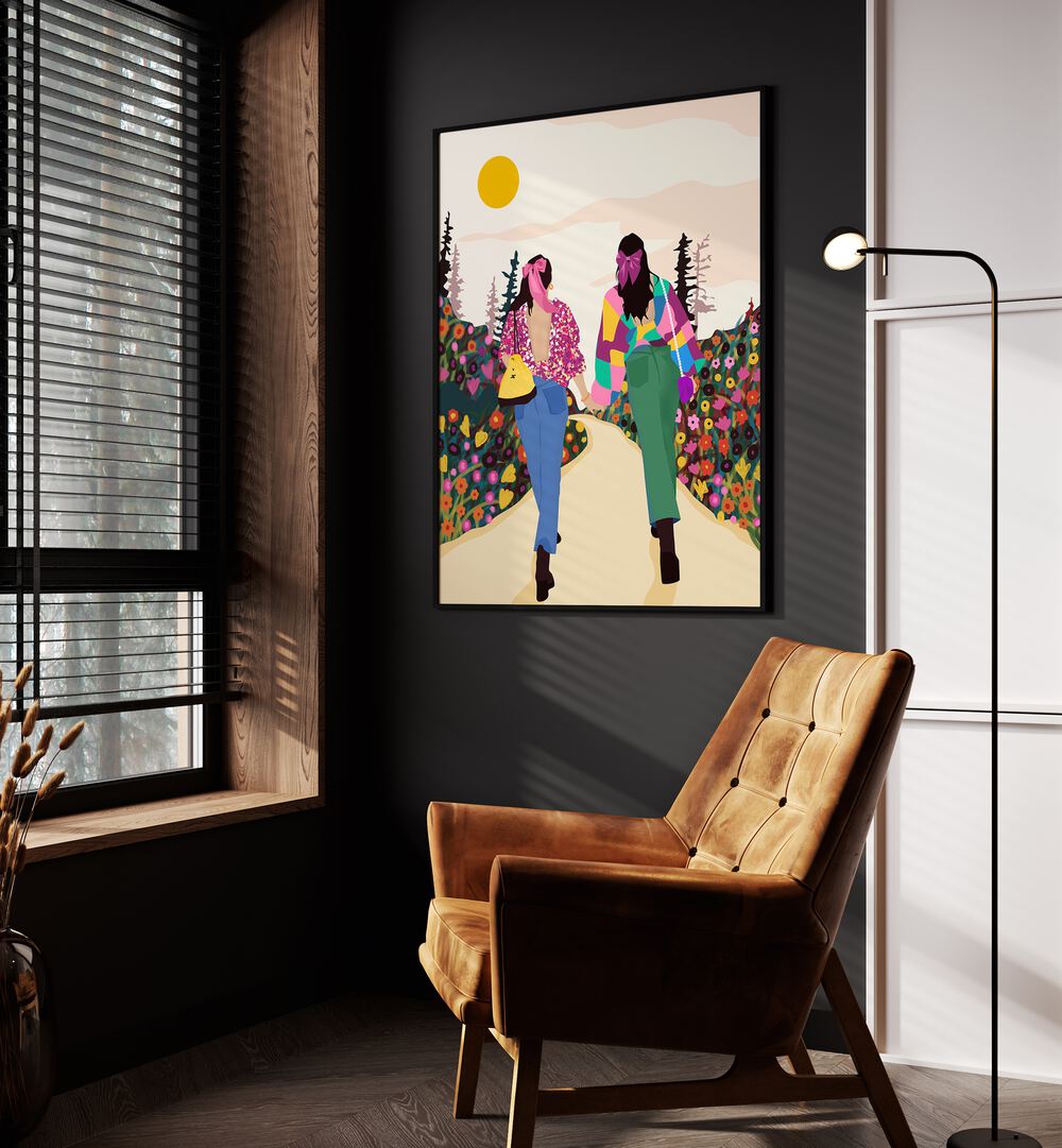 Besties By Uma Gokhale Woman Illustration Paintings in Black Plain Frame on a wall beside a window