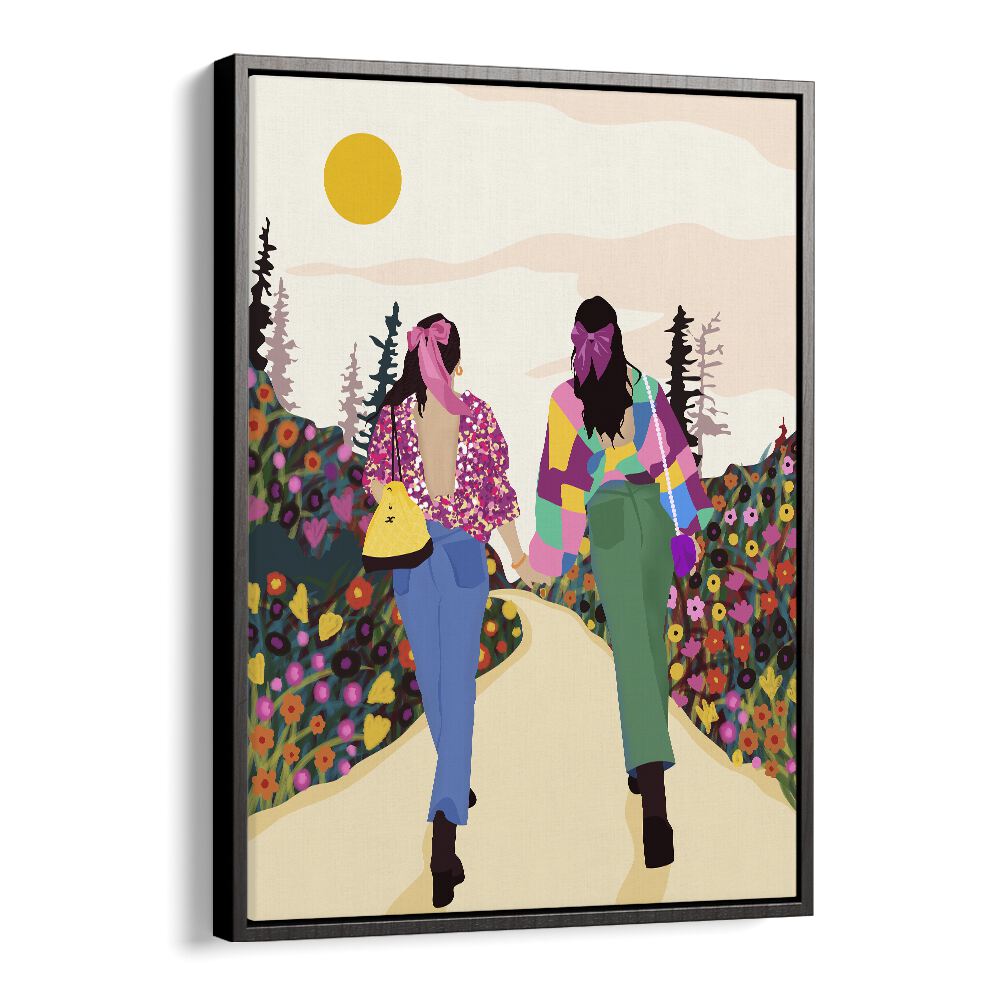 Besties By Uma Gokhale Woman Illustration Paintings in Black Floater Frame