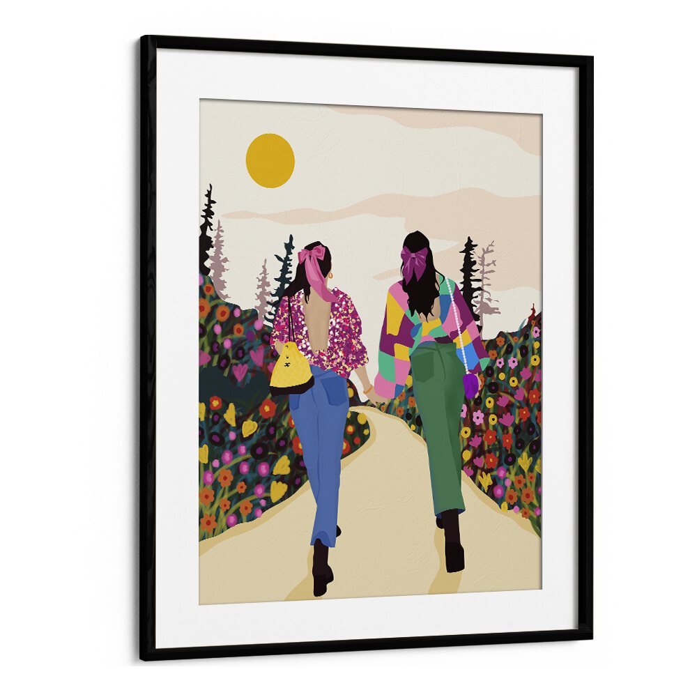 Besties By Uma Gokhale Woman Illustration Paintings in Black Frame With Mount