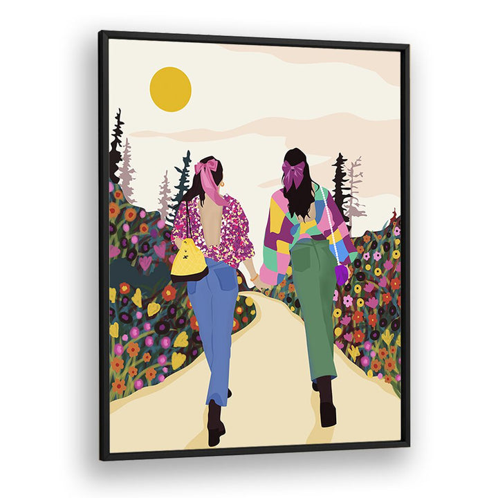 Besties By Uma Gokhale Woman Illustration Paintings in Black Plain Frame