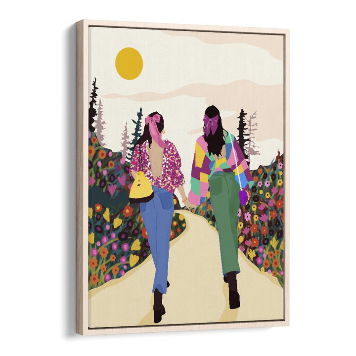 Besties By Uma Gokhale Woman Illustration Paintings in Oak Wood Floater Frame