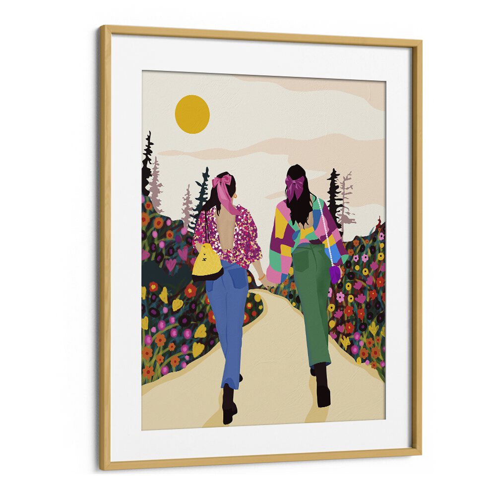 Besties By Uma Gokhale Woman Illustration Paintings in Oak Wood Frame With Mount