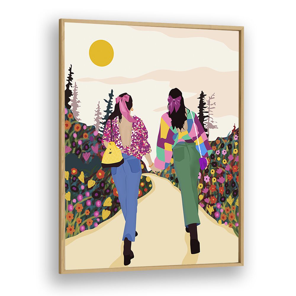 Besties By Uma Gokhale Woman Illustration Paintings in Oak Wood Plain Frame