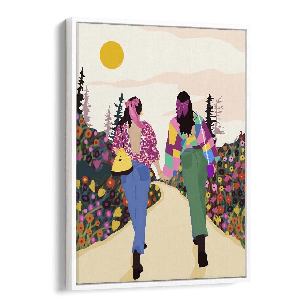 Besties By Uma Gokhale Woman Illustration Paintings in White Floater Frame