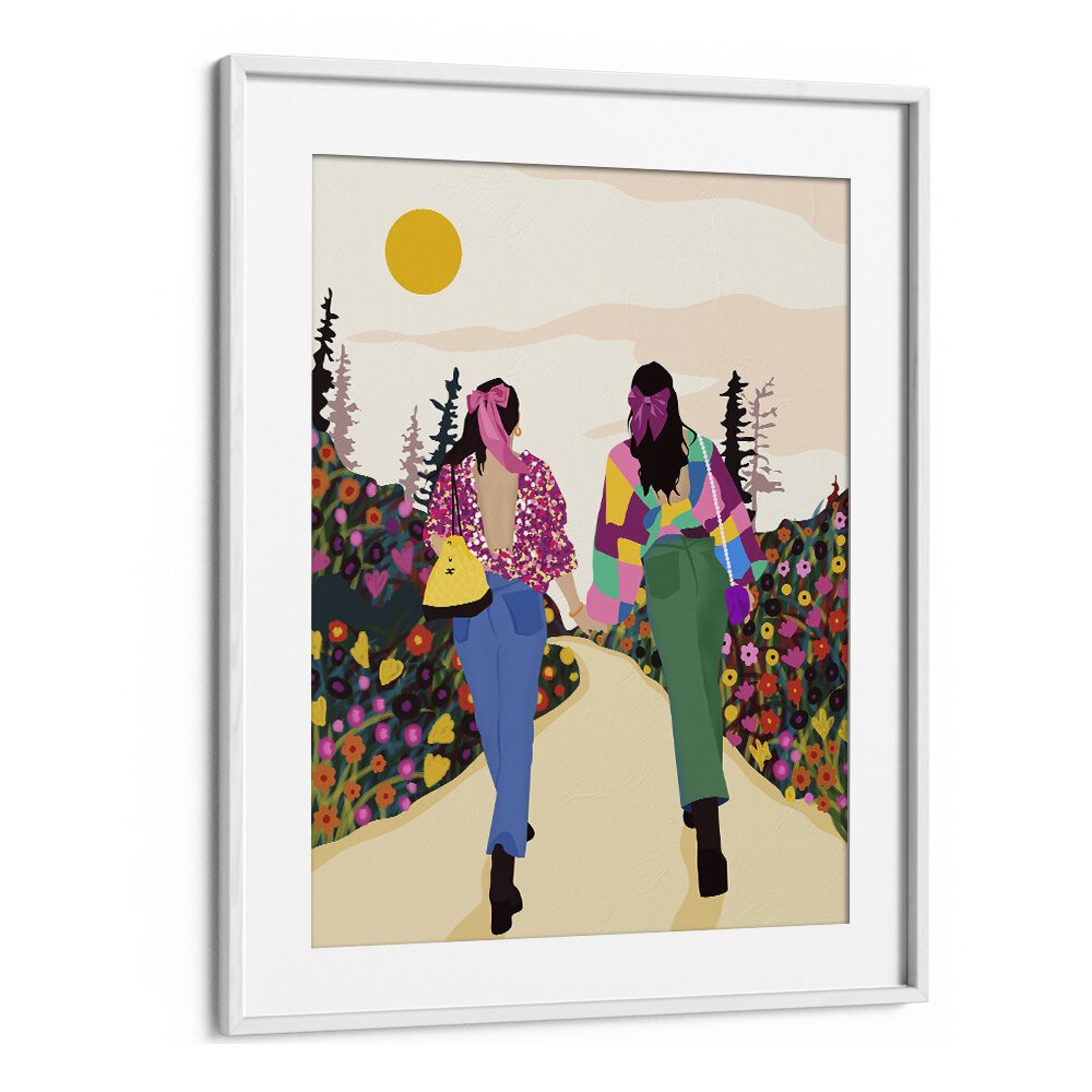 Besties By Uma Gokhale Woman Illustration Paintings in White Frame With Mount