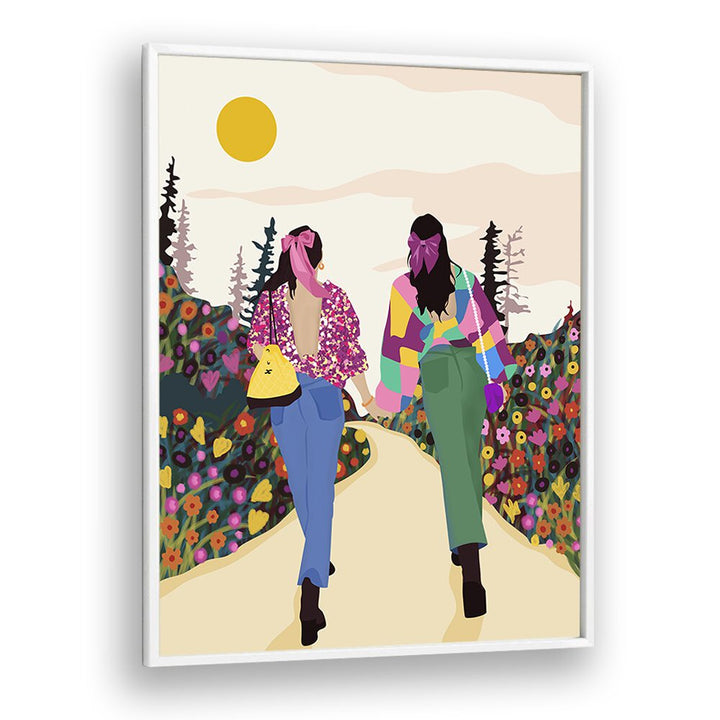 Besties By Uma Gokhale Woman Illustration Paintings in White Plain Frame