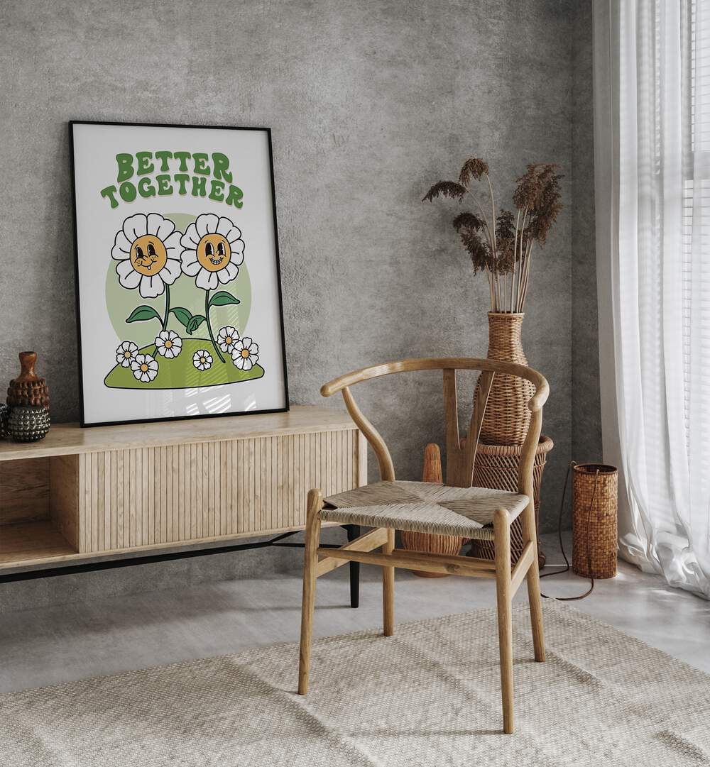 Better Together Quotes and Typography Posters in Black Plain Frame placed on a wall behind a console table