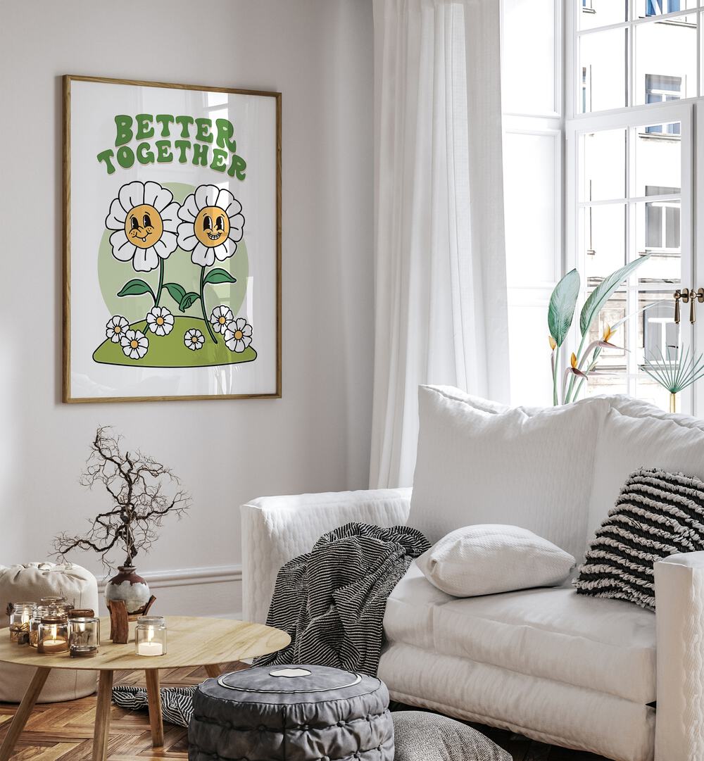 Better Together Quotes and Typography Posters in Oak Wood Plain Frame placed in a living room beside a white sofa and a window