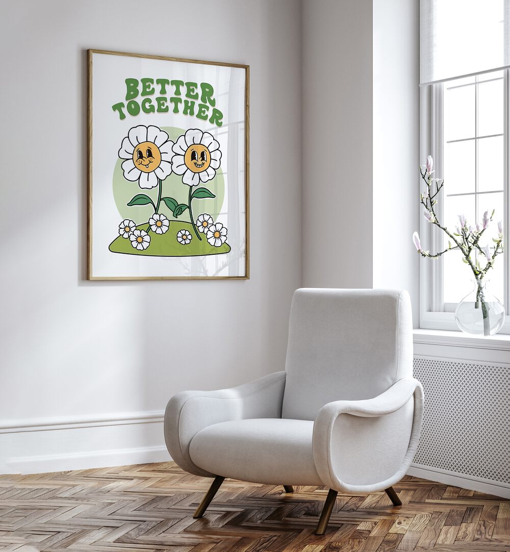 Better Together Quotes and Typography Posters in Oak Wood Plain Frame placed on a wall beside a chair