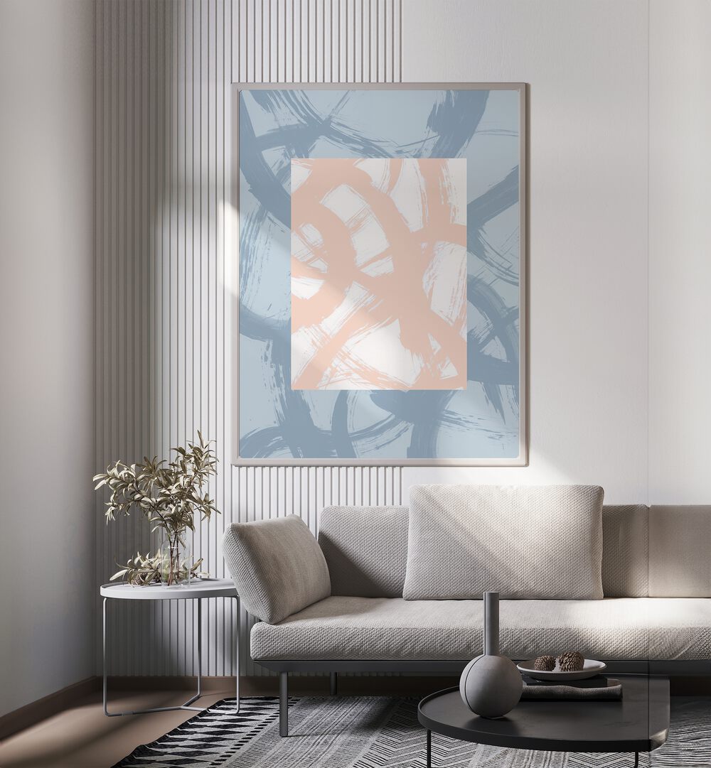 Beyond The Box By Mareike Bohmer Abstract Art Abstract Paintings in White Plain Frame placed on a White Colored Wall near a Grey Sofa in the Living Room