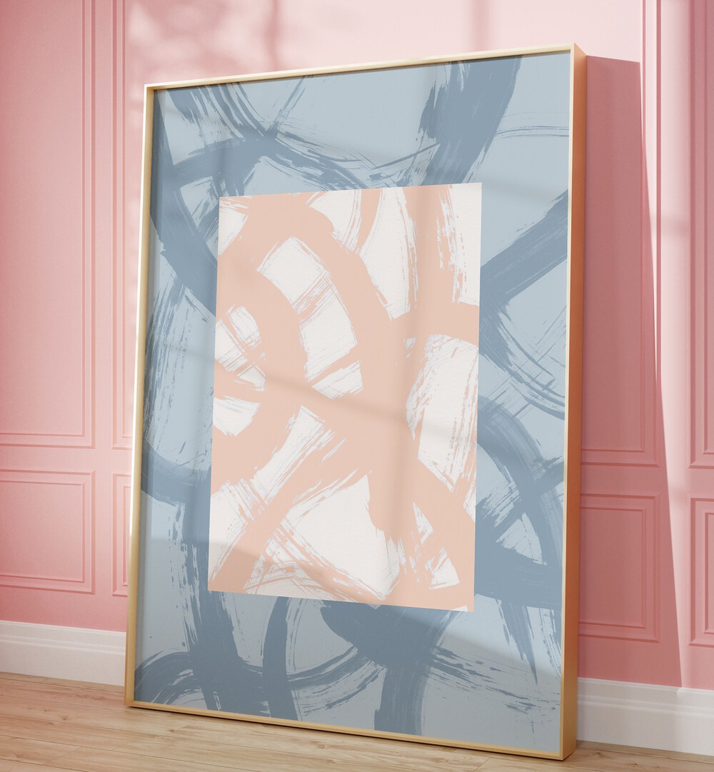 Beyond The Box By Mareike Bohmer Abstract Art Abstract Paintings in Oak Wood Plain Frame placed on the floor near a Pink Colored Wall in the Alley Way