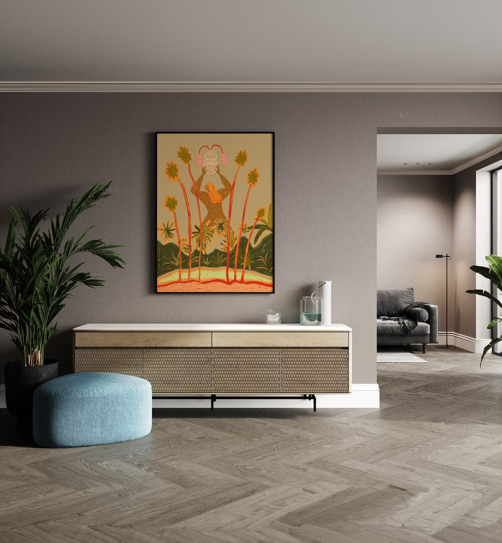 Beyond The Trees By Arty Guava Wall Art Prints in Black Plain Frame placed on a Beige Colored Wall above a Console Table in the Drawing Room 