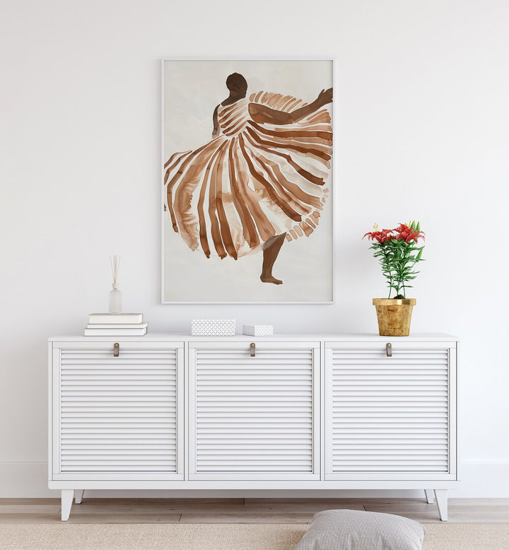 Biege Lady  Women Illustrations paintings in White Plain Frame placed on a wall behind a white console table