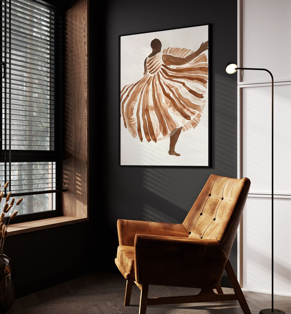 Biege Lady  Women Illustrations paintings in Black Plain Frame placed on a wall beside an orange sofa