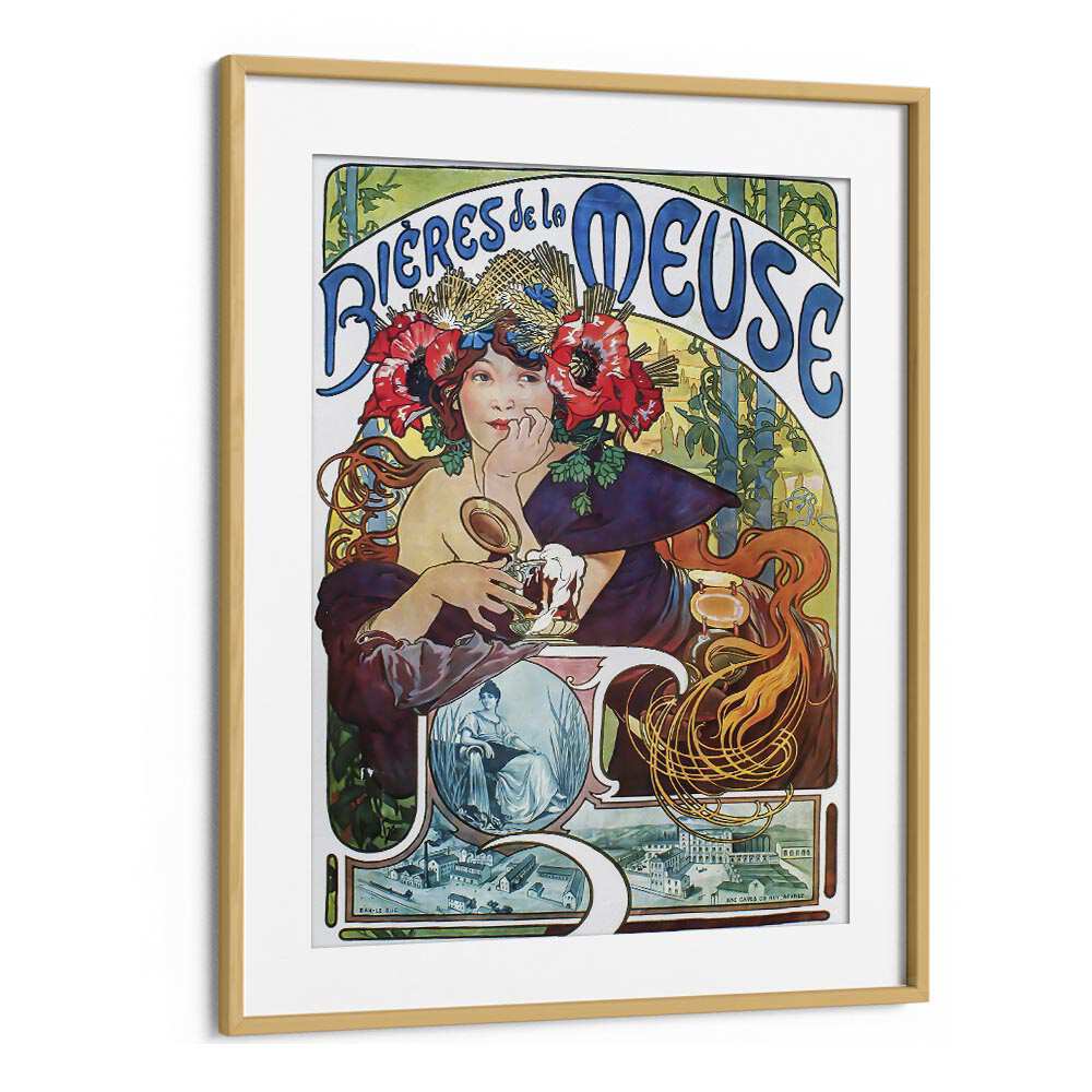 Bieres De La Meuse-1897 By Alphonse Mucha Vintage Paintings in Oak Wood Frame With Mount