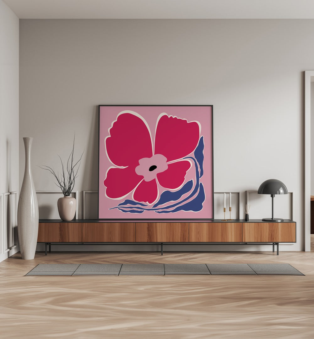 Big Blooming II By Miho Art Studio Botanical Art Prints Floral Paintings in Black Plain Frame placed on a Console Table near a Beige Colored Wall in the Drawing Room