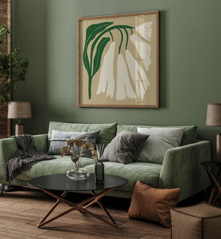 Big Blooming IV By Miho Art Studio Botanical Art Prints Floral Paintings in Oak Wood Plain Frame placed on a Green Colored Wall near a Green Sofa in the Living Room