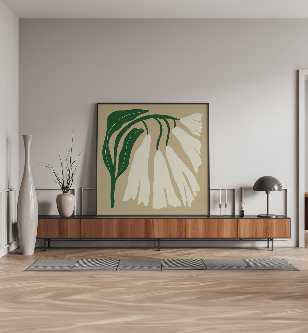 Big Blooming IV By Miho Art Studio Botanical Art Prints Floral Paintings in Black Plain Frame placed on a Console Table near a Beige Colored Wall in the Drawing Room