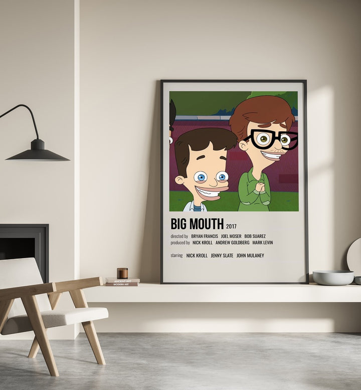 Big Mouth 2017 Movie Posters in Black Plain Frame place on a wall behind a chair beside lamp