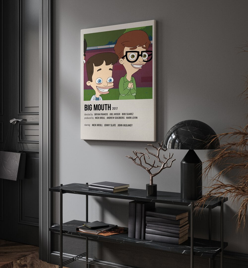 Big Mouth 2017 Movie Posters in Gallery Wrap hanging on wall above console table beside door and window