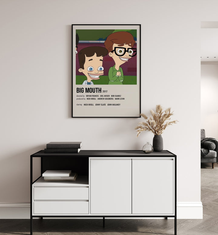 Big Mouth 2017 Movie Posters in Black Plain Frame hanging on wall above console table