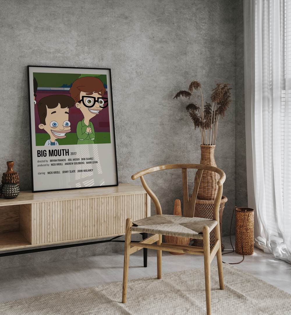 Big Mouth 2017 Movie Posters in Black Plain Frame placed on a table beside oakwood chair