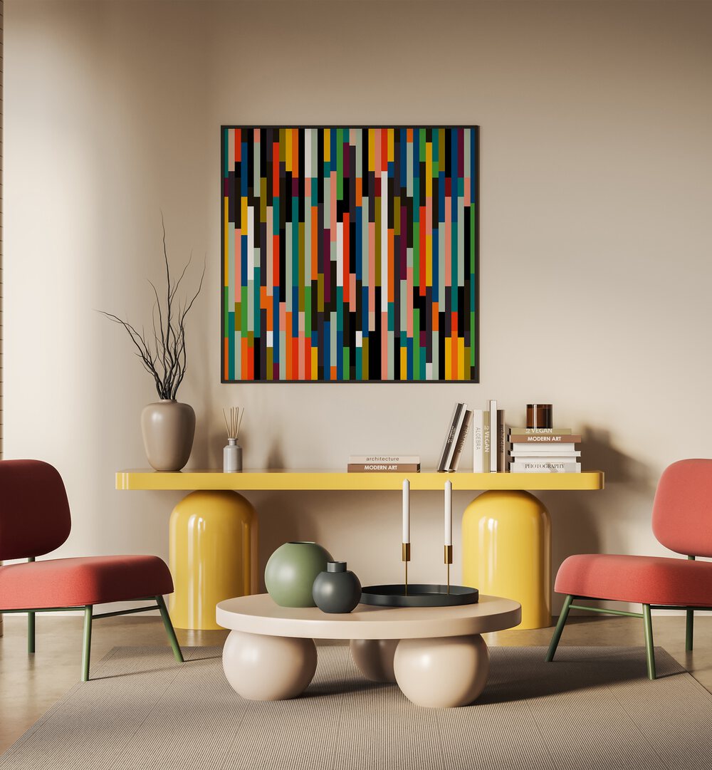 Big Retro Stripes By Ana Rut Bre Abstract Art Abstract Paintings in Black Plain Frame placed on a Cream Colored Wall near a Workspace in the Drawing Room