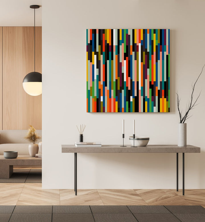 Big Retro Stripes By Ana Rut Bre Abstract Art Abstract Paintings in Gallery Wrap placed on a Cream Colored Wall above a Console Table in the Drawing Room 