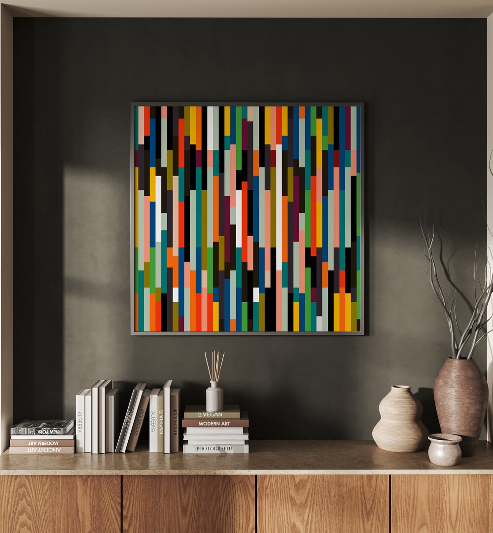 Big Retro Stripes By Ana Rut Bre Abstract Art Abstract Paintings in Black Plain Frame placed on a Dark Grey Colored Wall above a Console Table 