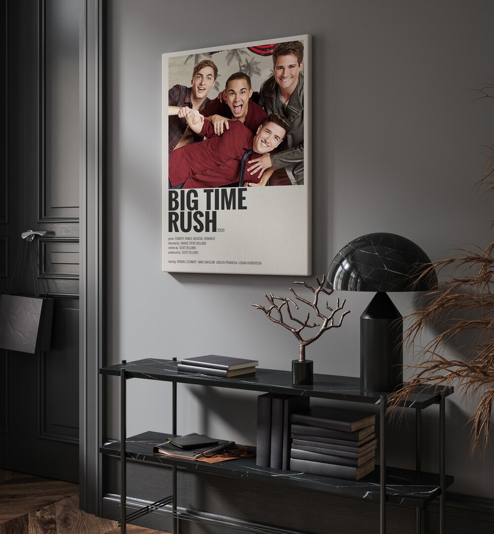 Big Time Rush 2009 Movie Posters in Gallery Wrap hanging on wall above console table beside door and window