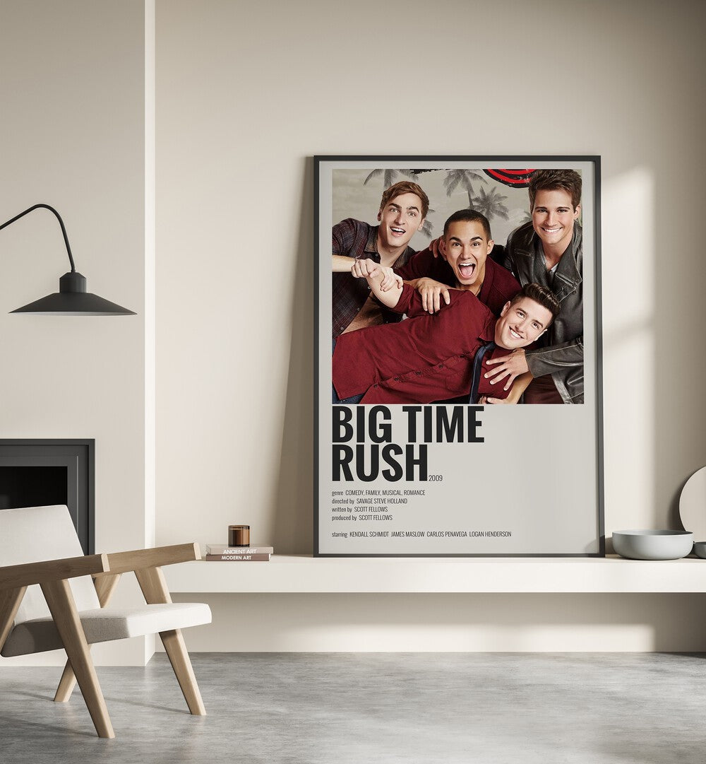 Big Time Rush 2009 Movie Posters in Black Plain Frame place on a wall behind a chair beside lamp