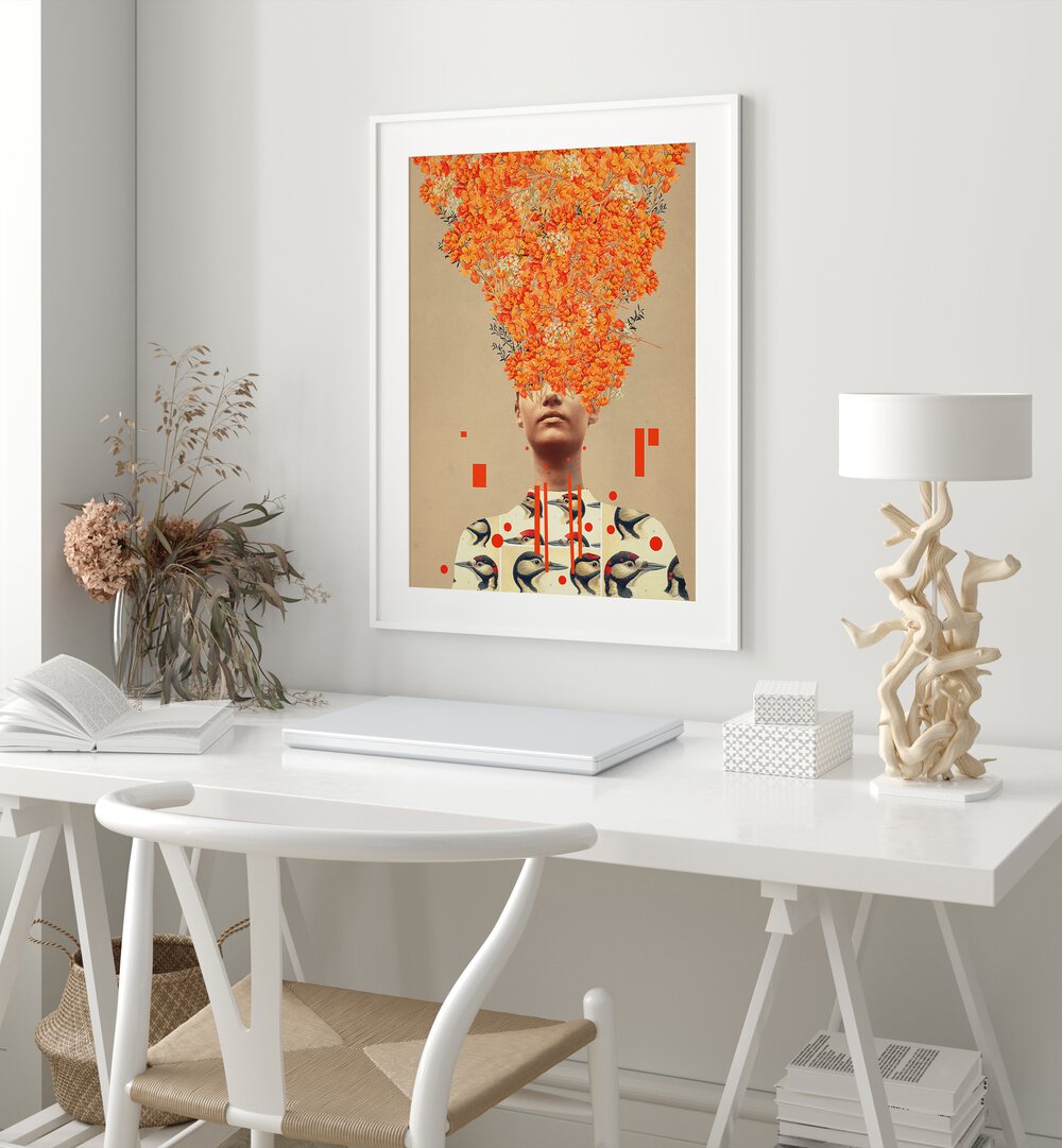 Bird Flight in Autumn By Frank Moth Surreal Art Prints Surrealism in White Frame With Mount placed on a wall behind a work space table