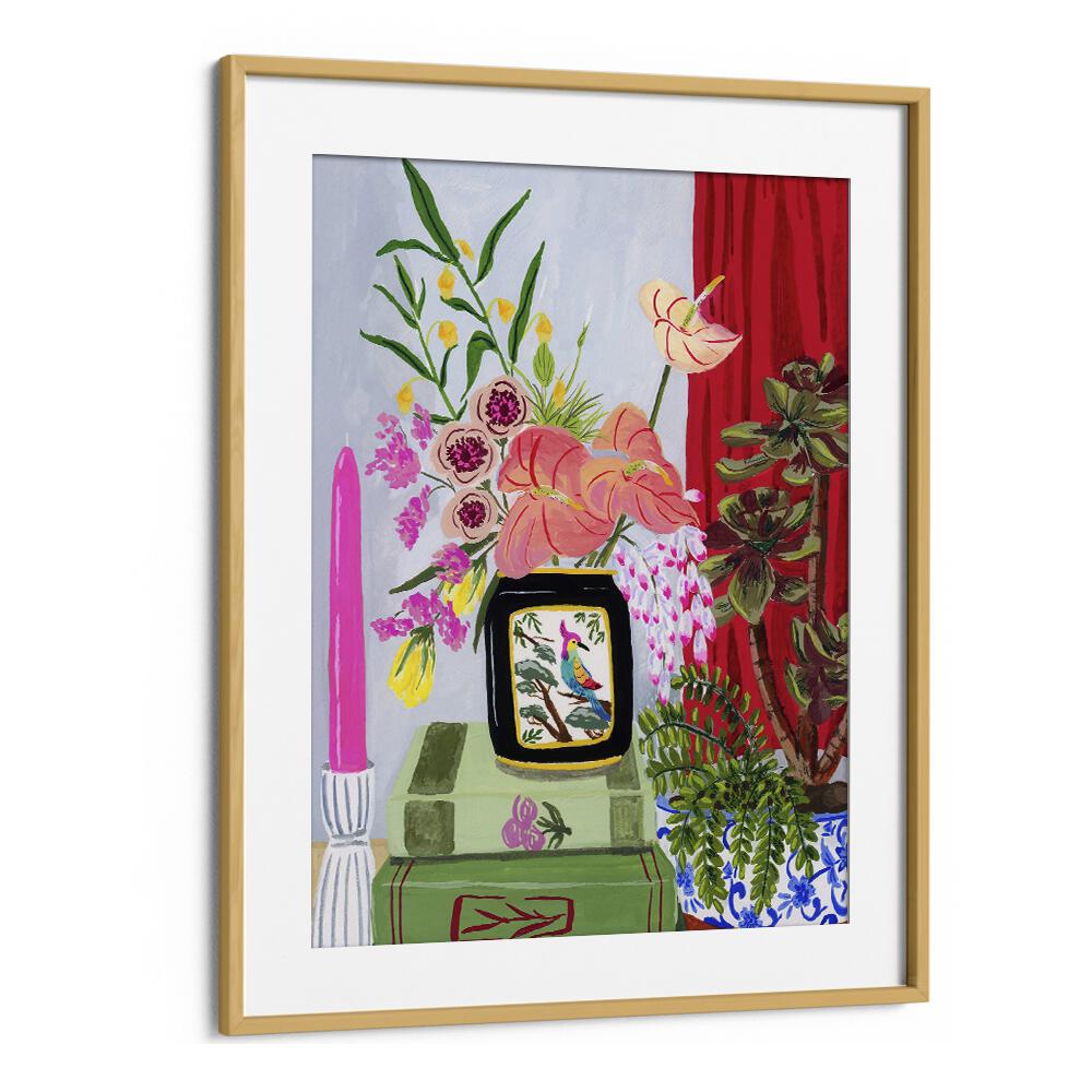 Bird Vase By Sarah Gesek Kitchen Art Prints in Oak Wood Frame With Mount