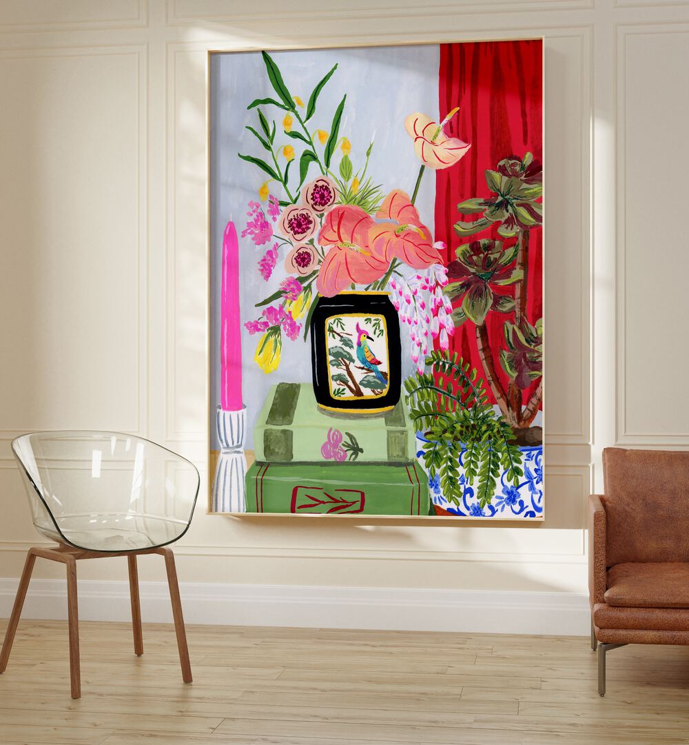 Bird Vase By Sarah Gesek Kitchen Posters Kitchen Art Prints in Oak Wood Plain Frame placed on the wall between a chair and a sofa