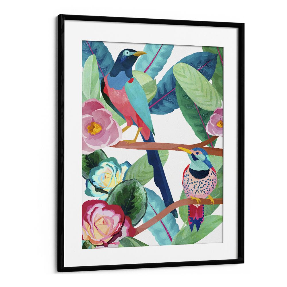 Birds Of Spring by Goed Blauw Kids Paintings in Black Frame With Mount