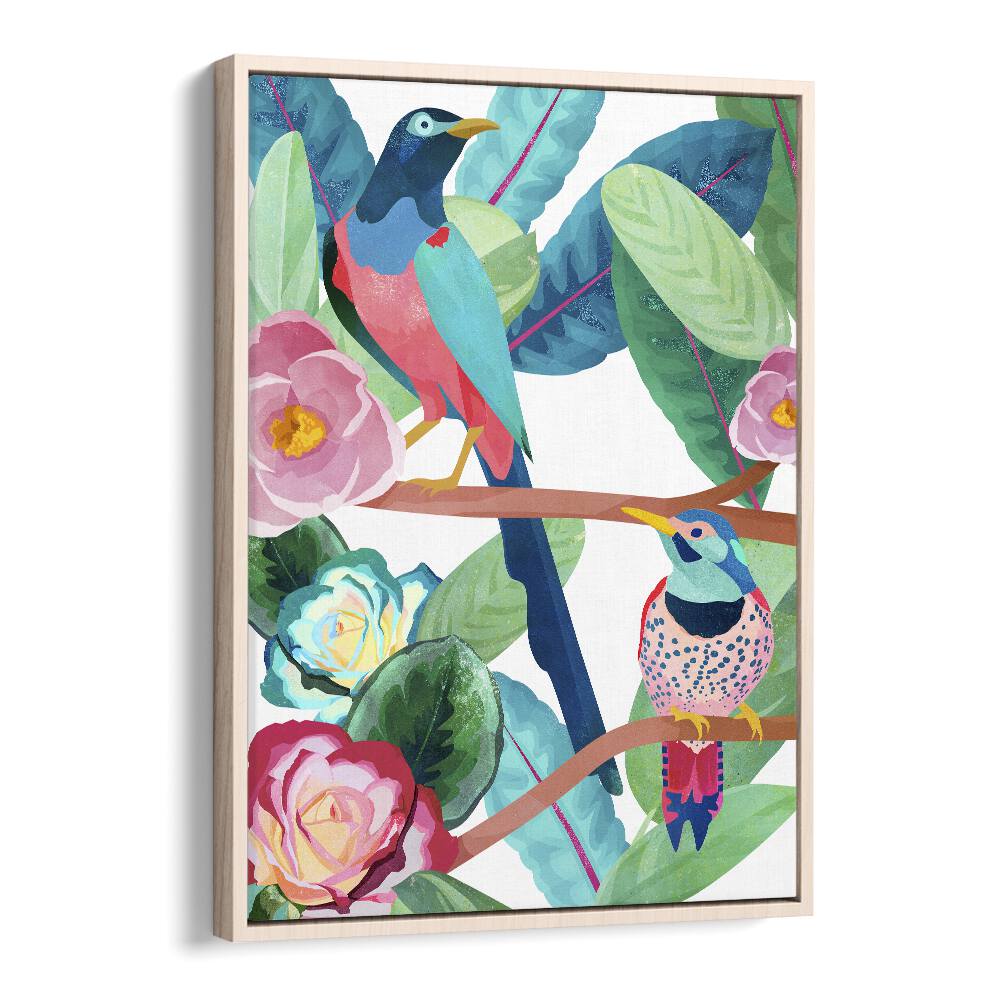 Birds Of Spring by Goed Blauw Kids Paintings in Oak Wood Floater Frame