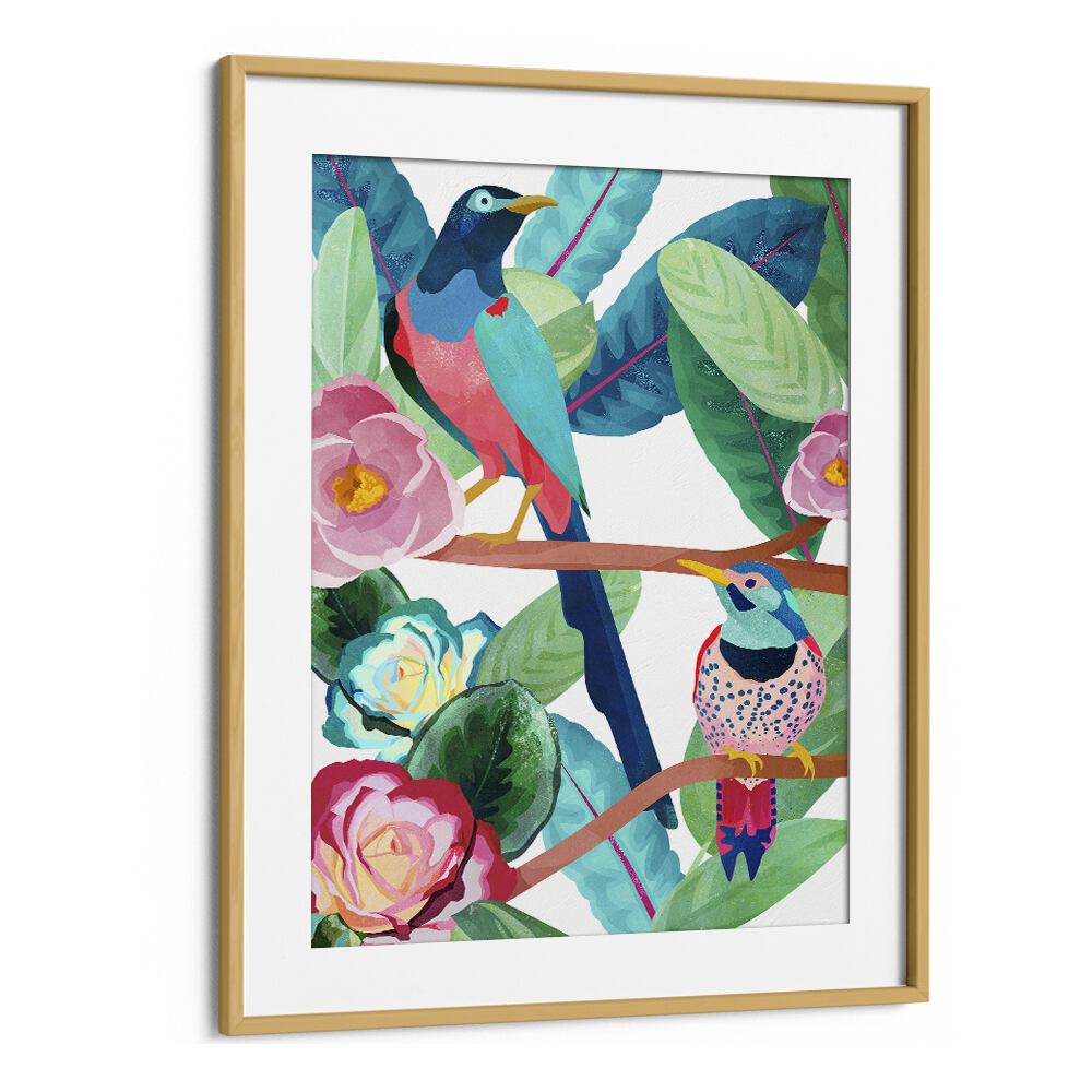 Birds Of Spring by Goed Blauw Kids Paintings in Oak Wood Frame With Mount