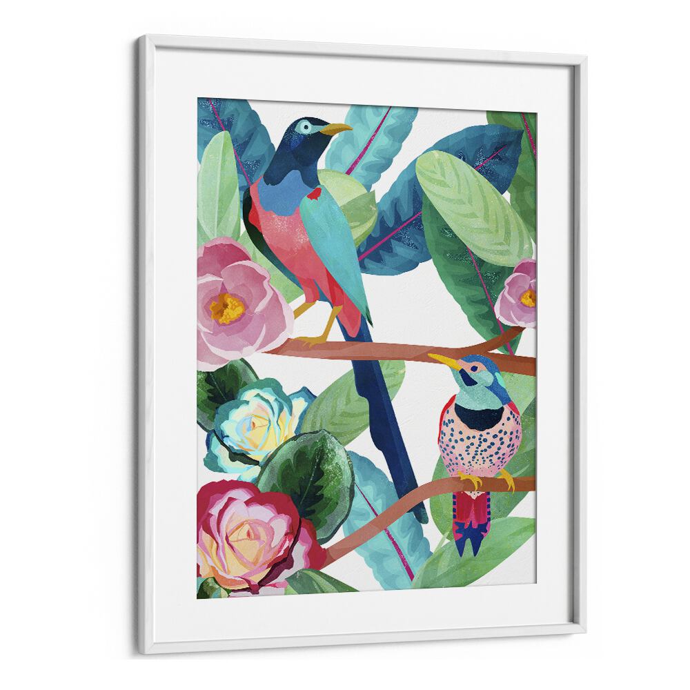 Birds Of Spring by Goed Blauw Kids Paintings in White Frame With Mount