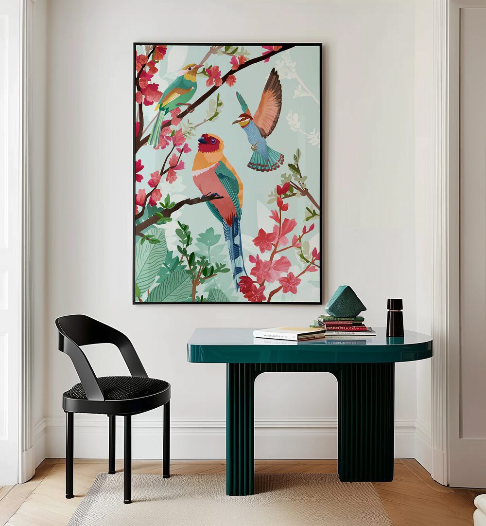 Birds Of Summer By Goed Blauw Kids Room Paintings Kids Room Wall Art in Black Plain Frame placed on a Cream Colored Wall above a Table in the Drawing Room