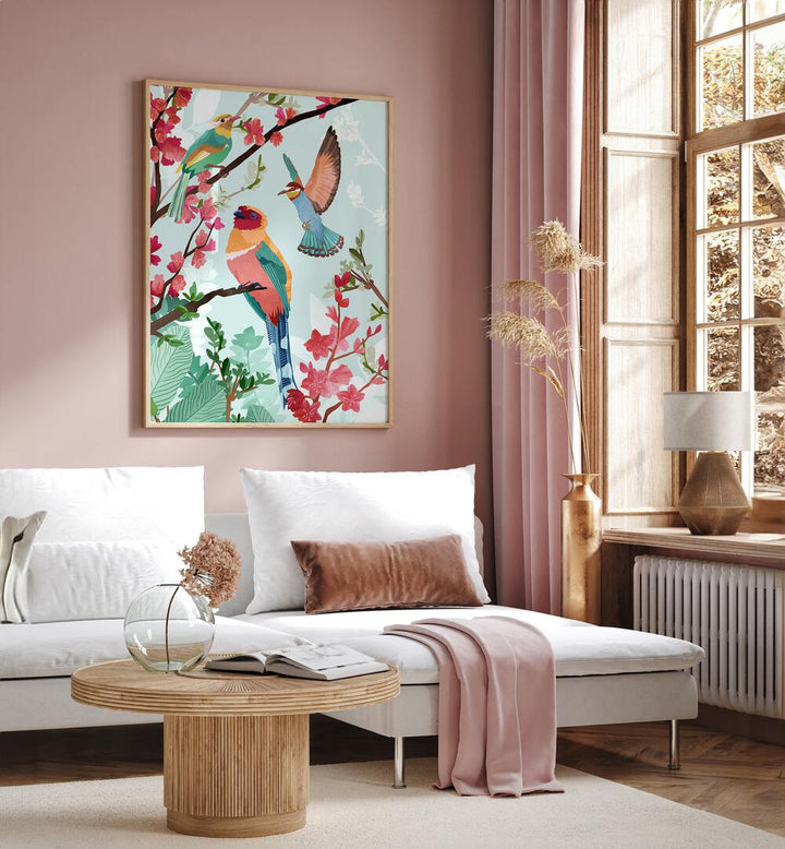 Birds Of Summer By Goed Blauw Kids Room Paintings Kids Room Wall Art in Oak Wood Plain Frame placed on a Pink Colored Wall  near a White Sofa in the Living Room