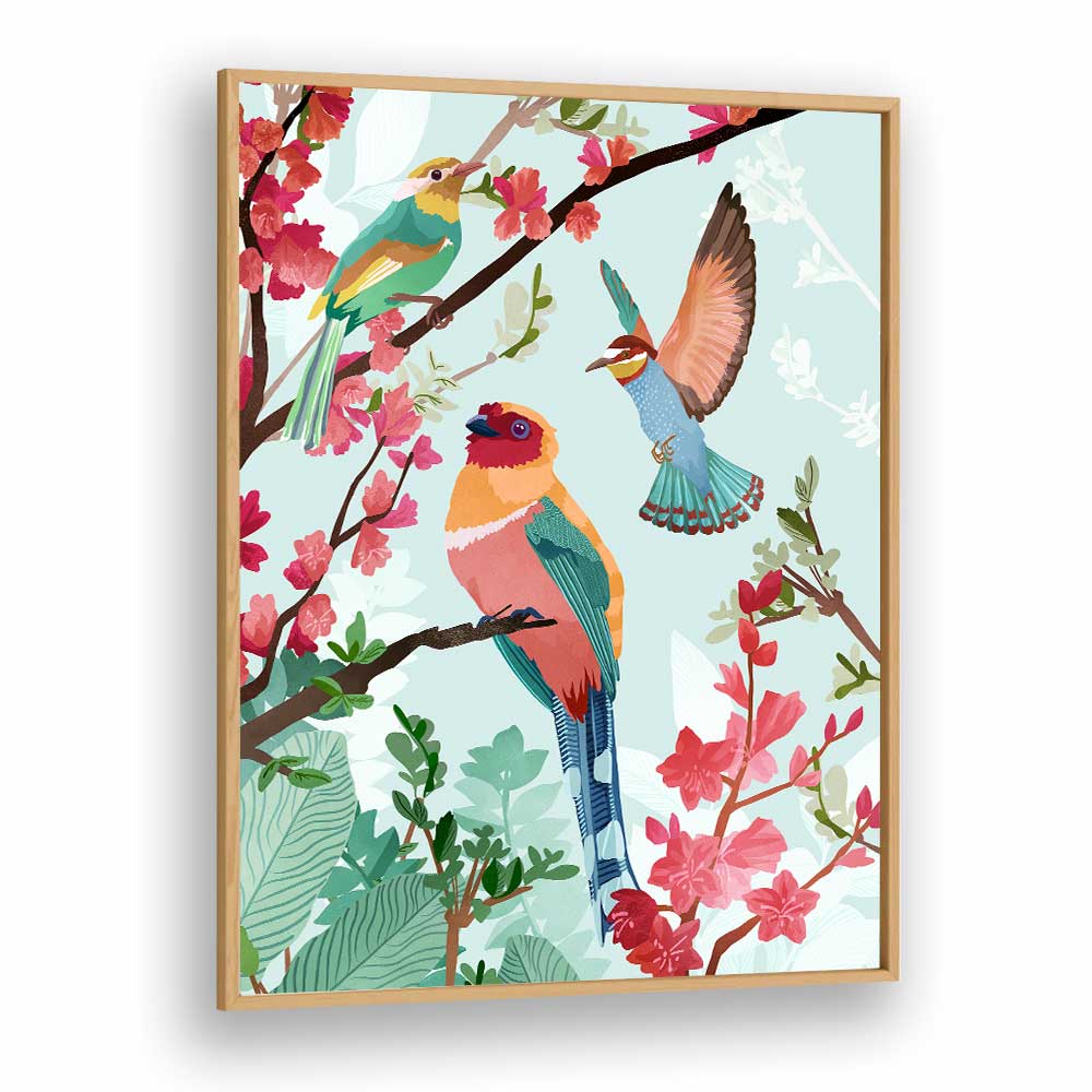 Birds Of Summer By Goed Blauw Kids Room Paintings Kids Room Wall Art in Oak Wood Plain Frame