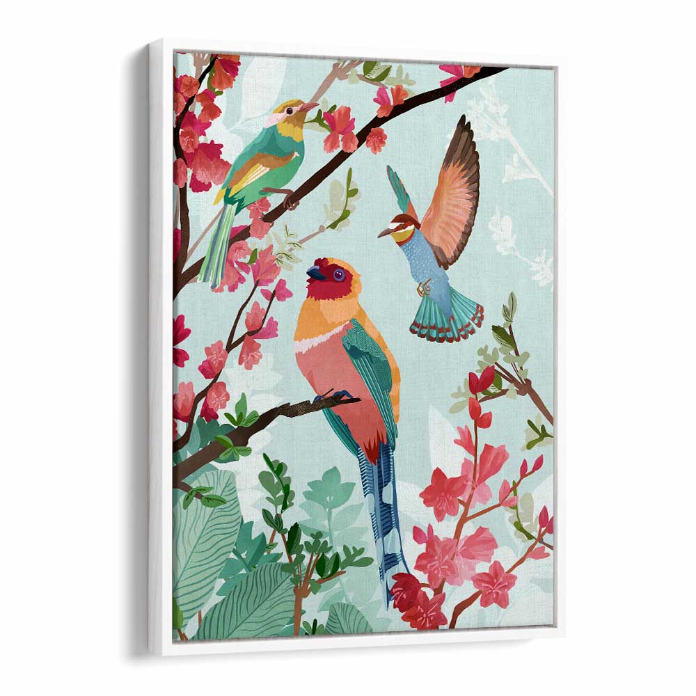 Birds Of Summer By Goed Blauw Kids Room Paintings Kids Room Wall Art in White Floater Frame