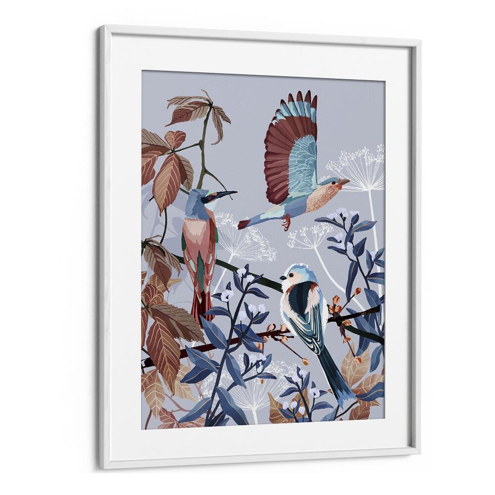 Birds Of Winter by Goed Blauw Kids Paintings in White Frame With Mount