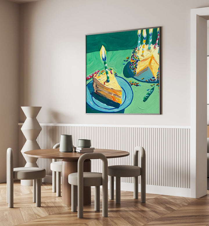 Birthday Cake By Key And Sea Creative Kitchen Artwork in Black Plain Frame on a beige wall behind a dining table for dining area