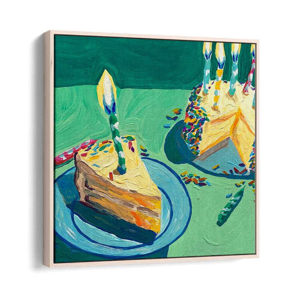 Birthday Cake By Key And Sea Creative Kitchen Artwork in Oak Wood Floater Frame