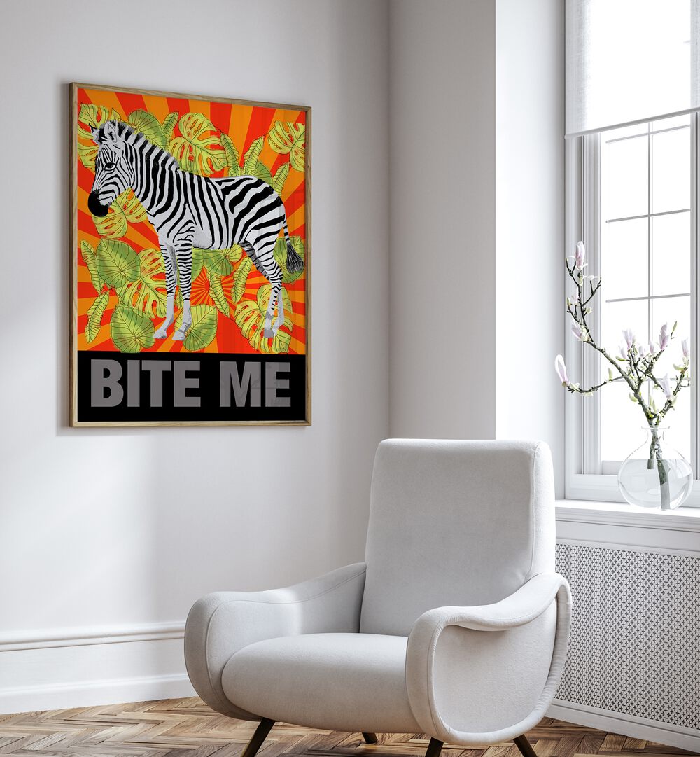 Bite Me By Lynnda Rakos Pop Art Paintings Pop Art Prints in Oak Wood Plain Frame placed on a wall beside a sofa and a window