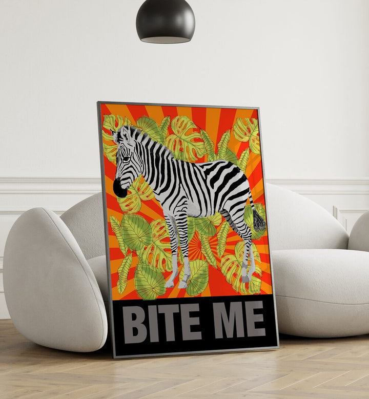 Bite Me By Lynnda Rakos Pop Art Paintings Pop Art Prints in Oak Wood Plain Frame placed on the floor beside a sofa