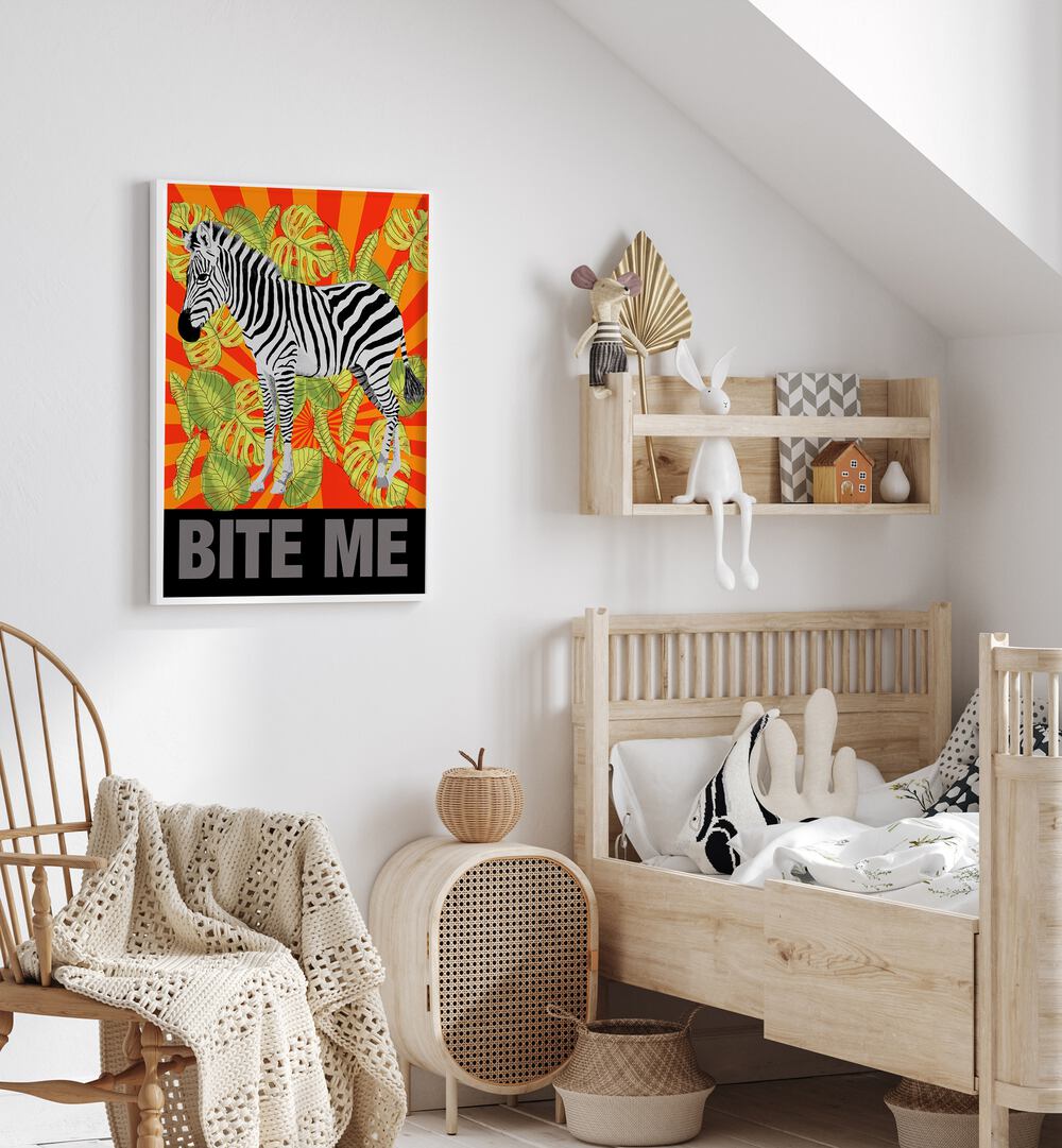 Bite Me By Lynnda Rakos Pop Art Paintings Pop Art Prints in White Plain Frame placed on a wall beside a bed for kids room