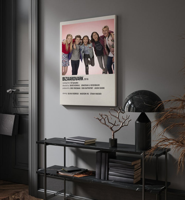 Bizaardvark 2016 Movie Posters in Gallery Wrap hanging on wall above console table beside door and window